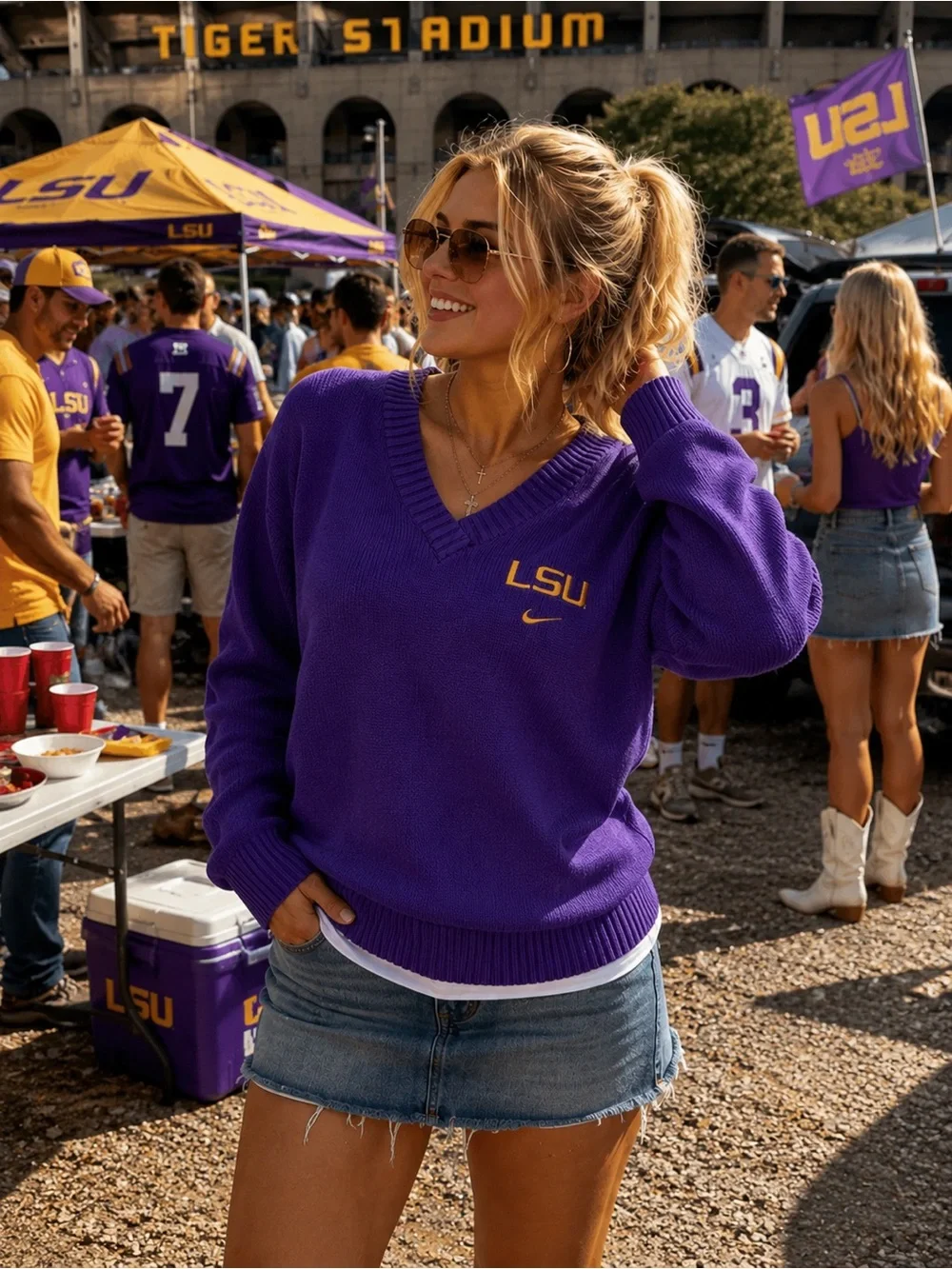 Vintage 2004 Nike Team LSU Tigers Cotton V-Neck Sweater Purple Gold Large RARE